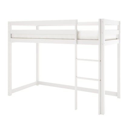 Ross Solid Pine Wood Bunk Bed with Storage in White features a raised single-size frame with guardrails, an attached ladder, and built-in right-side storage shelves. Ideal for maximizing bedroom space.