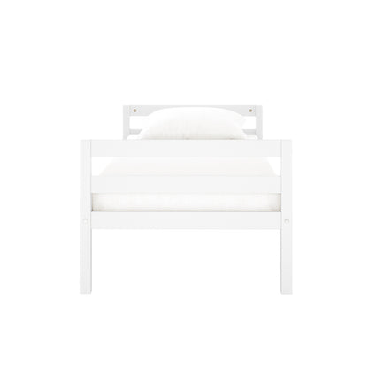 Ross Solid Pine Wood Bunk Bed with Storage in White, showcasing a single wooden bed frame with slatted head- and footboards, light mattress, and pillow, designed for space-saving and functionality.