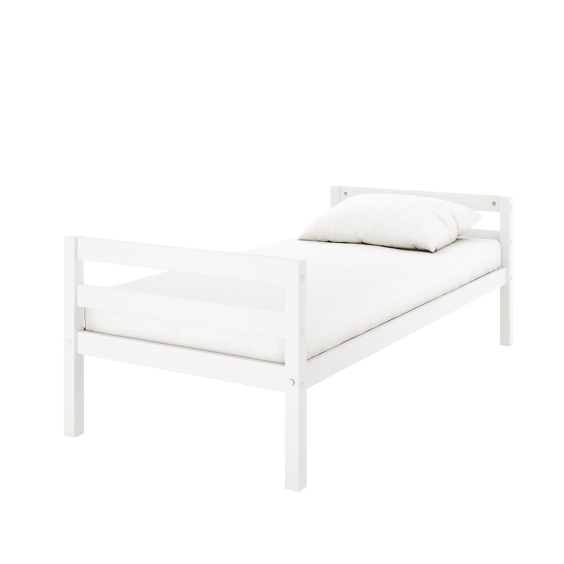 Ross Solid Pine Wood Bunk Bed with Storage in White, featuring a minimalist single-size wooden frame, mattress, and pillow, designed to maximize space with integrated storage shelves on the right-hand side.