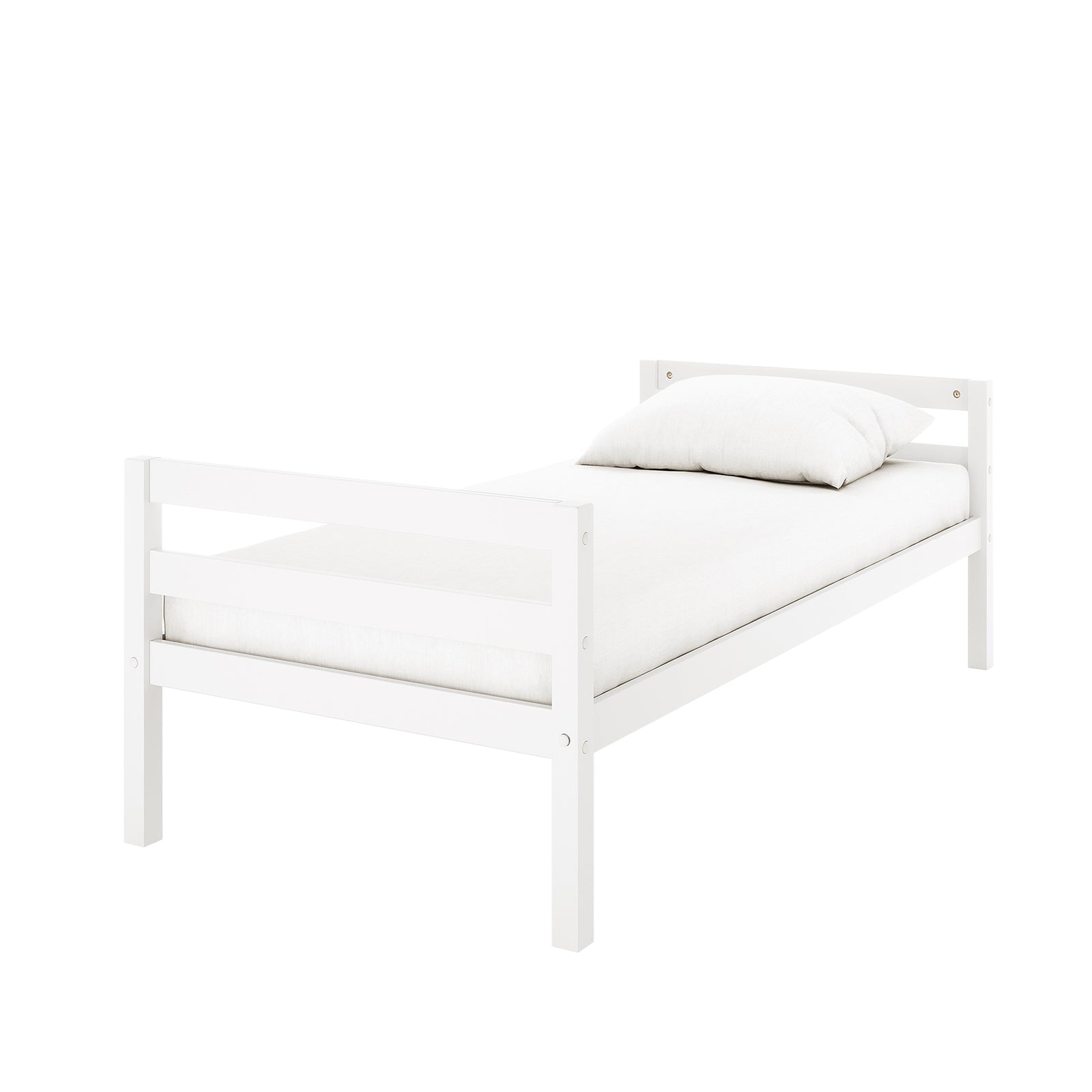 Ross Solid Pine Wood Bunk Bed with Storage in White, featuring a minimalist single-size wooden frame, mattress, and pillow, designed to maximize space with integrated storage shelves on the right-hand side.