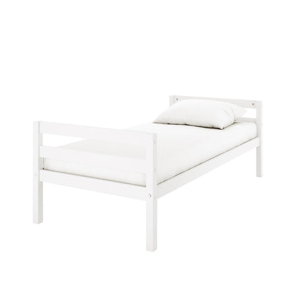 Ross Solid Pine Wood Bunk Bed with Storage in White, featuring a minimalist single-size wooden frame, mattress, and pillow, designed to maximize space with integrated storage shelves on the right-hand side.