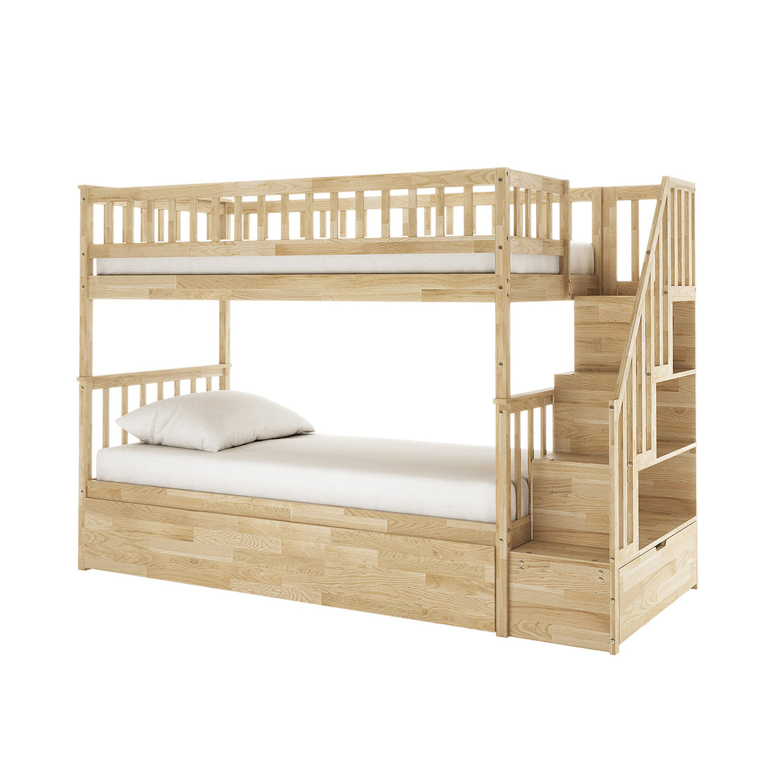 Sabbie Hardwood Single Storage Bunk Bed in Natural features a light wood frame with built-in storage stairs, safety rails on the top bunk, and a pull-out drawer at the base.