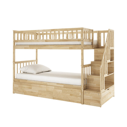 Sabbie Hardwood Single Storage Bunk Bed in Natural features a light wood frame with built-in storage stairs, safety rails on the top bunk, and a pull-out drawer at the base.