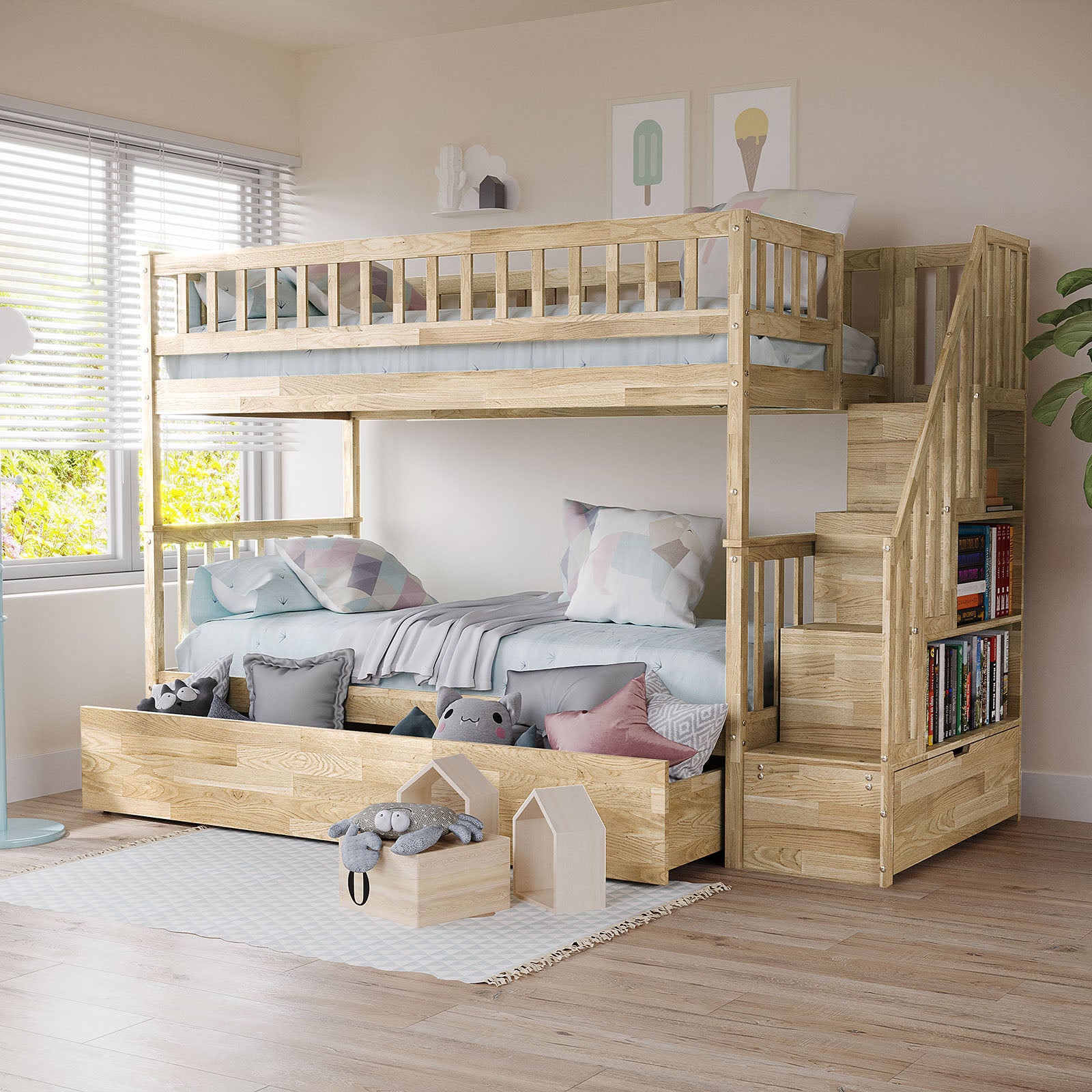 Sabbie Hardwood Single Storage Bunk Bed in Natural features a light wood finish, staircase with bookshelf, pull-out drawers, pastel bedding, geometric pillows, and plush toys against a bright, airy room backdrop.