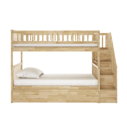 Sabbie Hardwood Single Storage Bunk Bed in Natural features a two-tier design with slatted guardrails, a mattress on the lower bunk, and a built-in staircase on the right for upper bunk access.