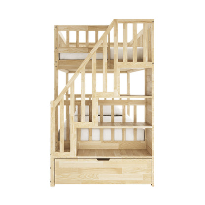 Sabbie Hardwood Single Storage Bunk Bed in Natural featuring two-high beds, vertical slat guardrails, integrated stairway with storage, large trundle drawer, and white mattresses for a space-saving, organized bedroom solution.