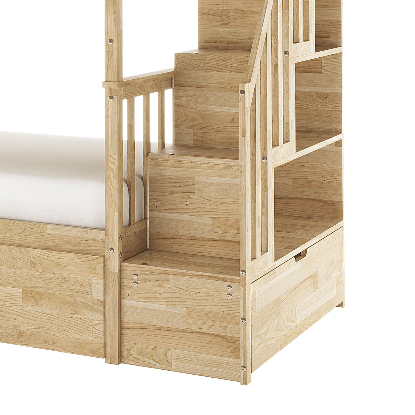 Sabbie Hardwood Single Storage Bunk Bed in Natural features a wooden frame with integrated storage staircase, open shelving cubbies, and pull-out drawer. Lower bunk includes a mattress behind a guardrail.