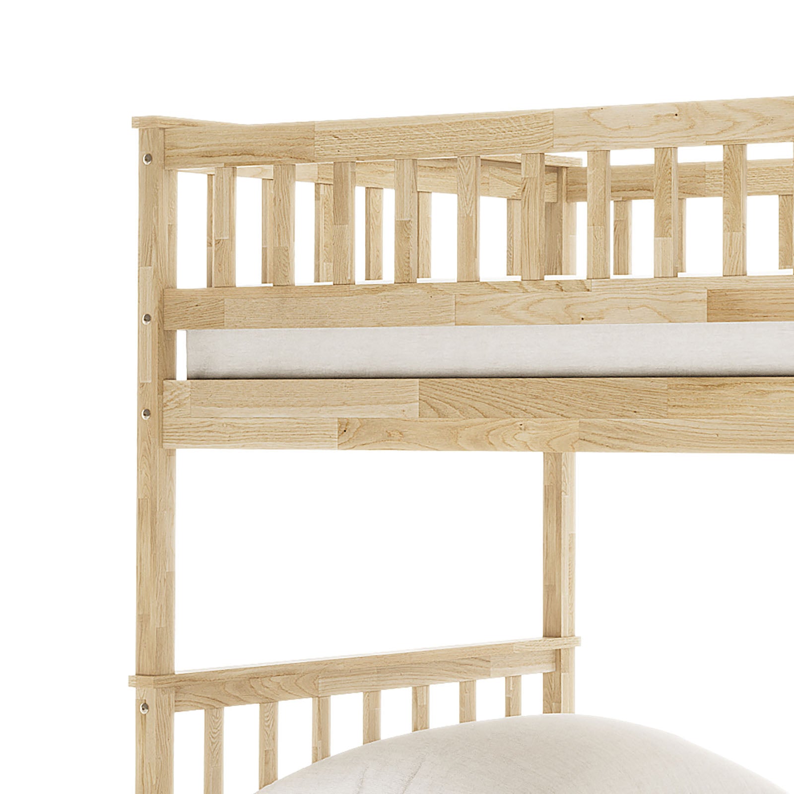 Sabbie Hardwood Single Storage Bunk Bed in Natural, featuring a light-wood frame with vertical slat guardrails, showcasing upper and lower bunks, emphasizing its space-saving design and built-in storage capabilities.