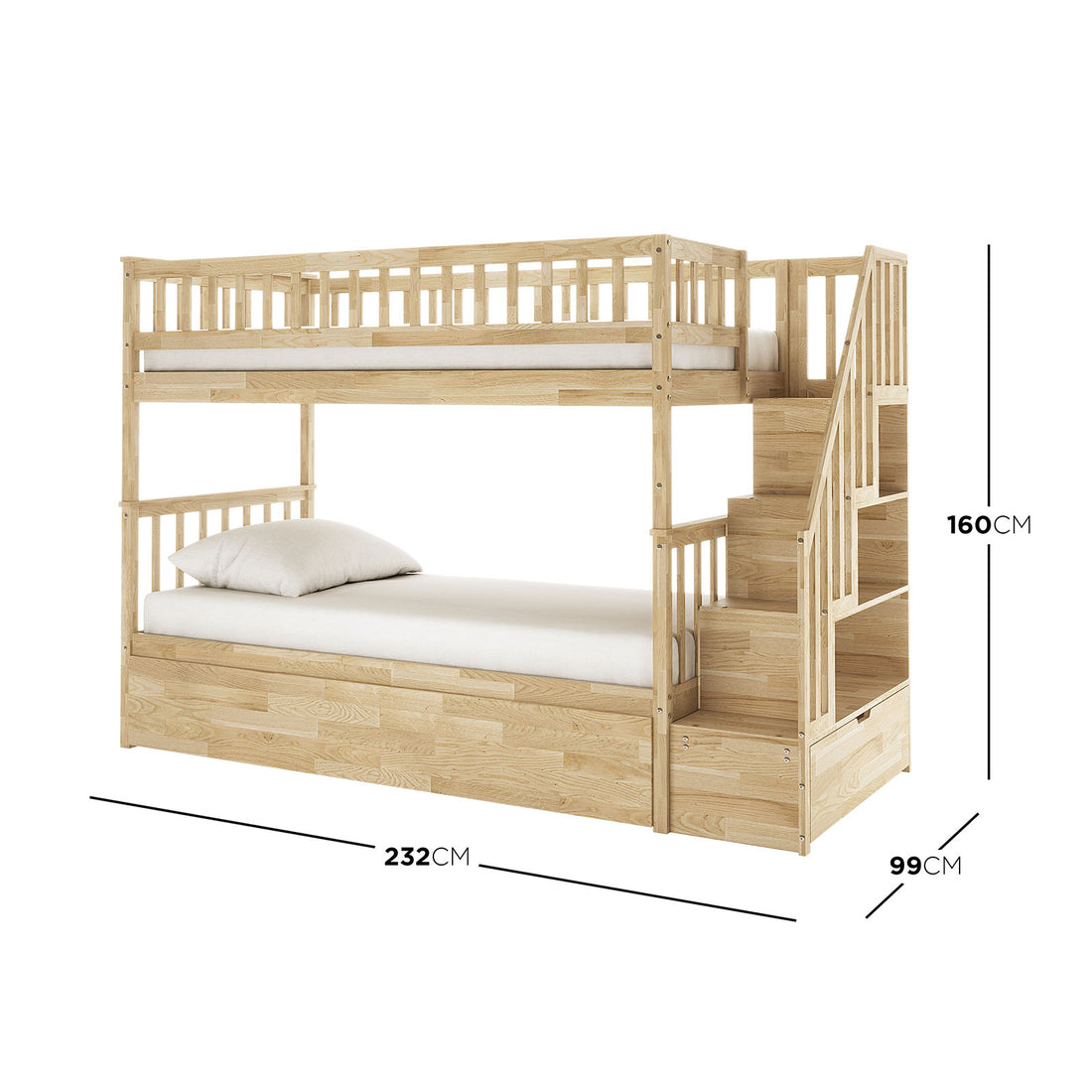 Sabbie Hardwood Single Storage Bunk Bed in Natural features a two-tier frame with safety rails, built-in storage staircase, and sturdy design, perfect for maximizing space in shared or small bedrooms.