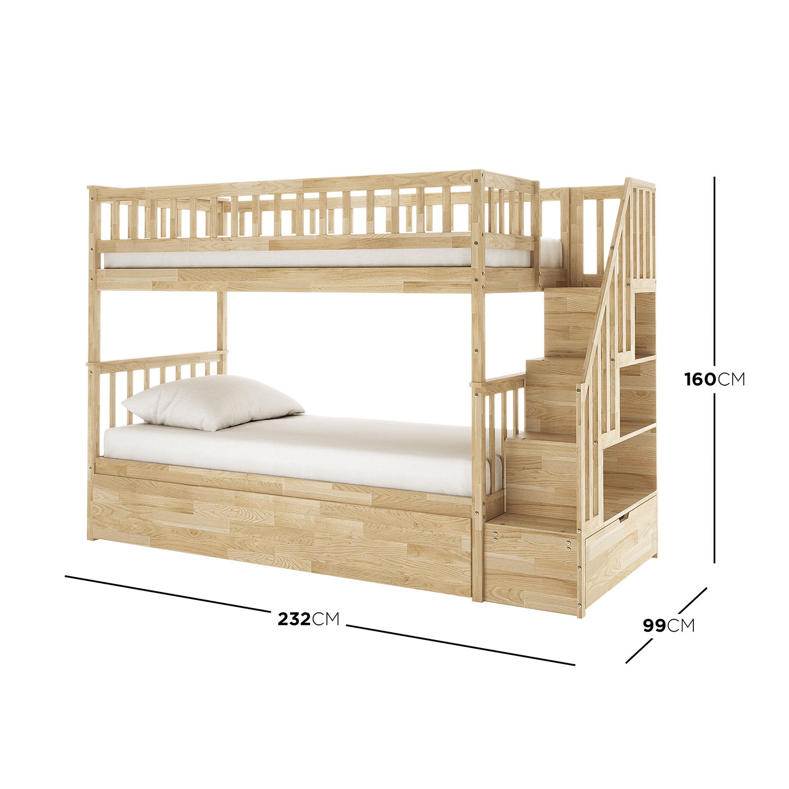 Sabbie Hardwood Single Storage Bunk Bed in Natural features a two-tier frame with safety rails, built-in storage staircase, and sturdy design, perfect for maximizing space in shared or small bedrooms.