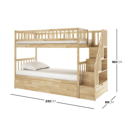 Sabbie Hardwood Single Storage Bunk Bed in Natural features a two-tier frame with safety rails, built-in storage staircase, and sturdy design, perfect for maximizing space in shared or small bedrooms.