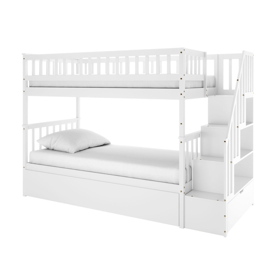 Sabbie Hardwood Single Storage Bunk Bed in White featuring two sleeping platforms, a pull-out trundle, boxed-in stairs with storage cubbies, and mattresses, showcasing a functional space-saving design.