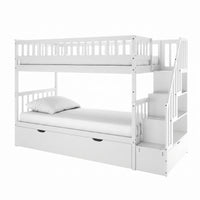 Sabbie Hardwood Single Storage Bunk Bed in White featuring two sleeping platforms, a pull-out trundle, boxed-in stairs with storage cubbies, and mattresses, showcasing a functional space-saving design.