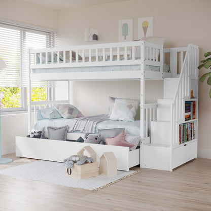 Sabbie Hardwood Single Storage Bunk Bed in White with top safety rails, pastel pillows, pull-out trundle, staircase with storage, and minimalist decor, perfect for space-saving and stylish kids’ rooms.
