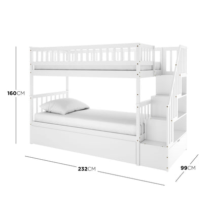 Sabbie Hardwood Single Storage Bunk Bed in White featuring two bunks with guardrails, integrated staircase with storage cubbies, and full-width storage drawer, designed for safety and space-saving functionality.