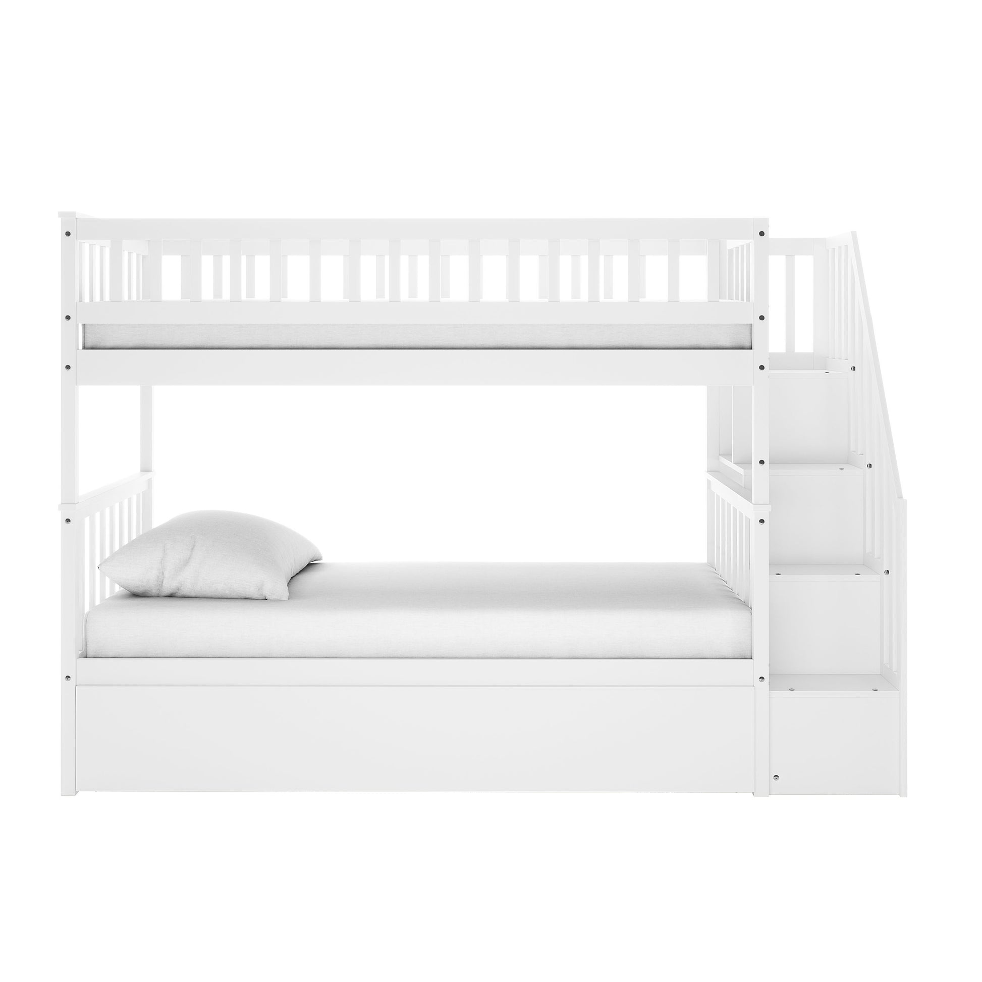 Sabbie Hardwood Single Storage Bunk Bed in White featuring a lower and upper mattress, safety rails, staircase-style storage steps, and a pull-out trundle drawer beneath the bottom bunk.