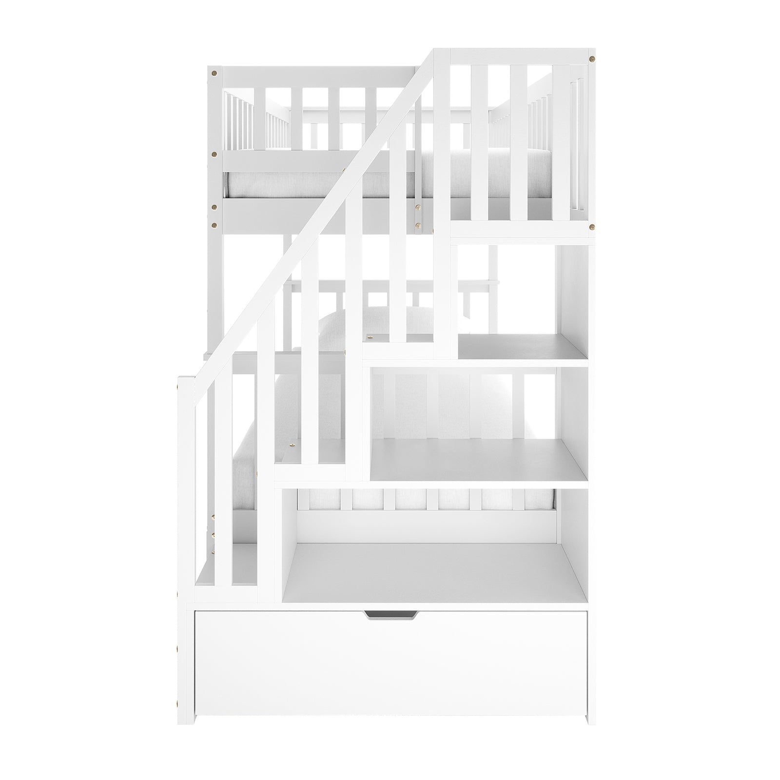 Sabbie Hardwood Single Storage Bunk Bed in White featuring a top bunk with guardrails, built-in staircase with shelves, side cubby shelving, and a large pull-out drawer at the bottom.
