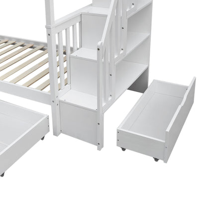 Sabbie Hardwood Single Storage Bunk Bed in White featuring a loft-style design with a staircase of open shelves and a wheeled pull-out drawer below for extra storage or a trundle.