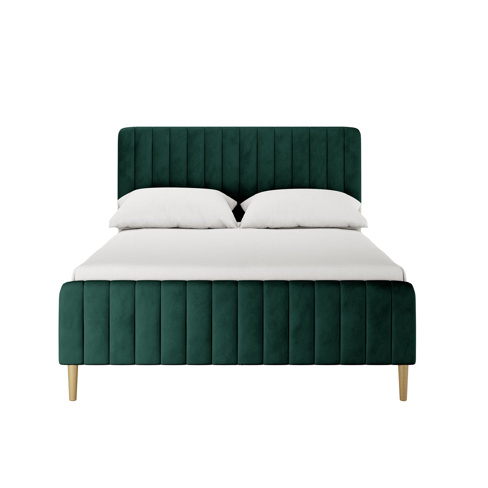 Seneca Upholstered Velvet Bed - Green Double features a deep emerald-green ribbed headboard and footboard, crisp white bedding, and slim light-oak legs, set against a plain white background.