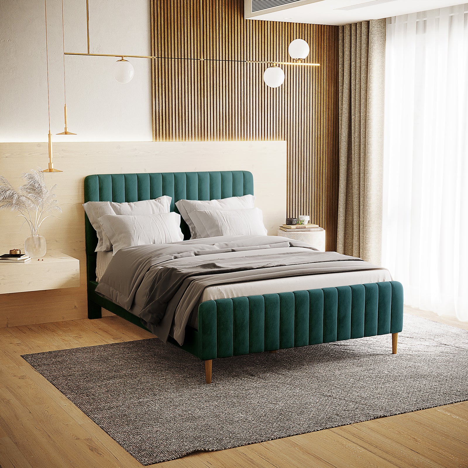Seneca Upholstered Velvet Bed - Green Double features a channel-tufted design in deep teal velvet with a light wood headboard, styled in a contemporary bedroom with matching nightstand and gold pendant lights.