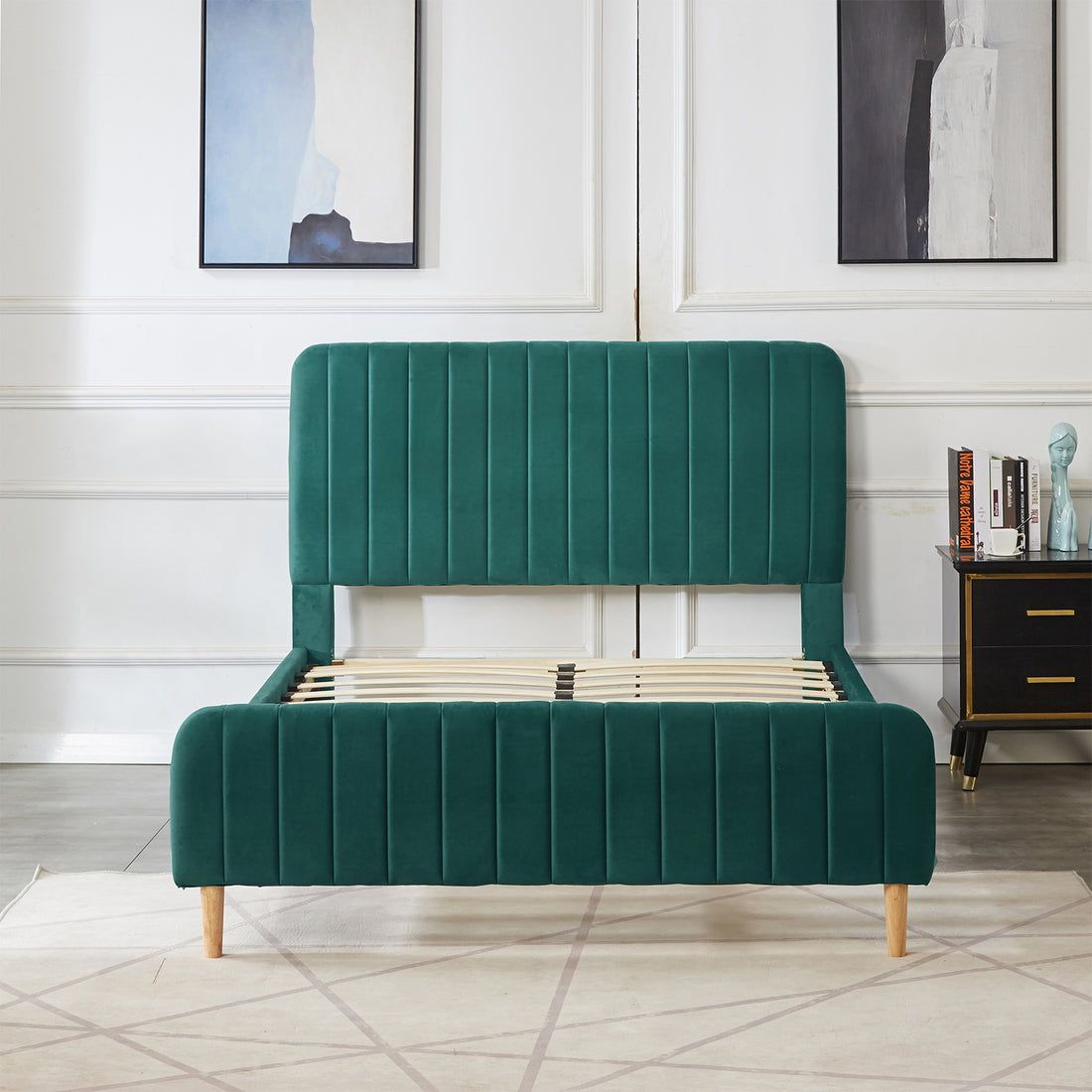 Seneca Upholstered Velvet Bed - Green Double features a tall channel-stitched headboard, matching footboard, tapered wooden legs, and a slatted base, set in a modern bedroom with minimalist decor.