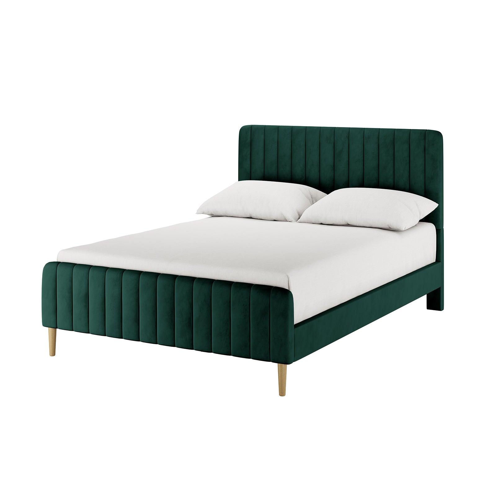 Seneca Upholstered Velvet Bed - Green Double with padded channel-tufted headboard, deep forest green velvet fabric, white bedding, and two pillows, on four light natural finish wooden legs.