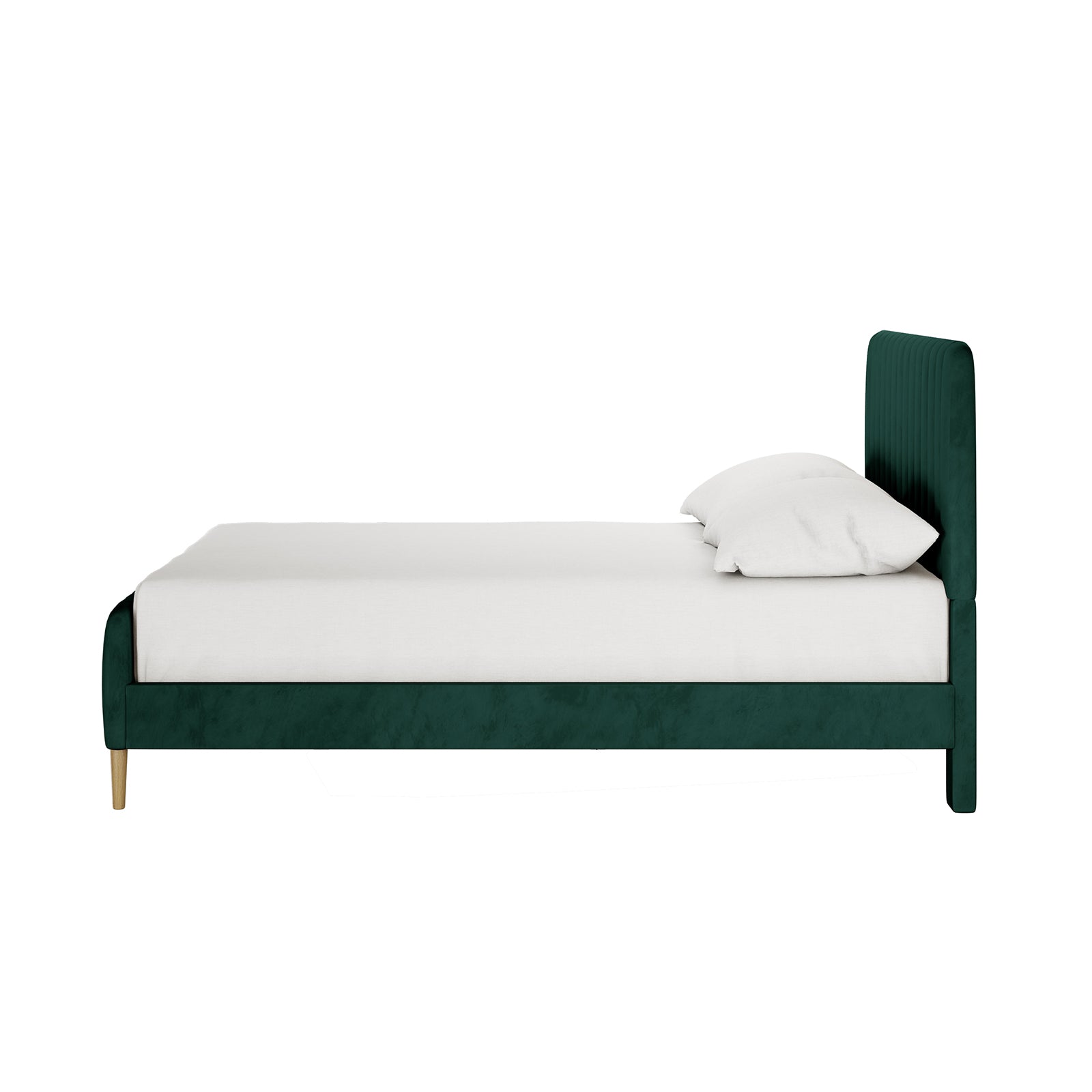 Seneca Upholstered Velvet Bed - Green Double, showcasing a side view with a teal-green velvet base, headboard, and light wood legs, complemented by a white mattress and pillows.