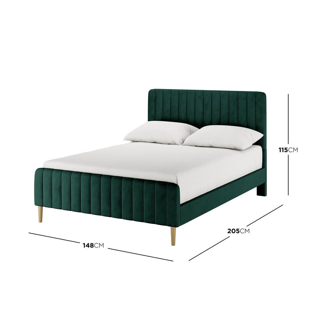 Seneca Upholstered Velvet Bed - Green Double, featuring channel-tufted design, white mattress, pillows, and tapered wooden legs, presents a luxurious and stylish focal point for any bedroom.