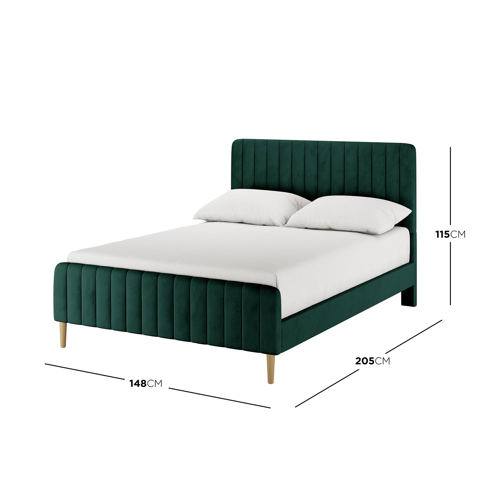 Seneca Upholstered Velvet Bed - Green Double, featuring channel-tufted design, white mattress, pillows, and tapered wooden legs, presents a luxurious and stylish focal point for any bedroom.