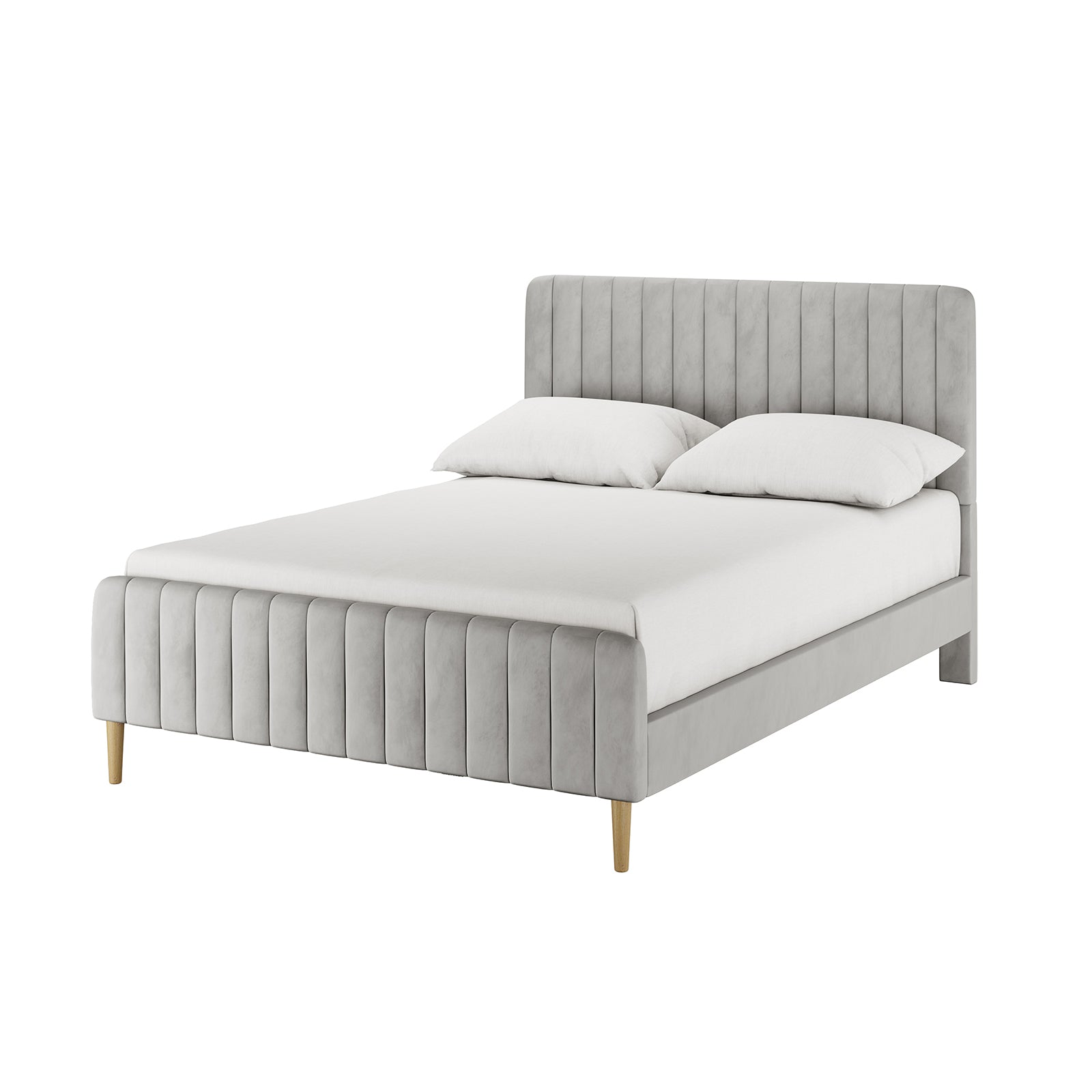 Seneca Double Upholstered Velvet Bed – Slate: Modern platform bed with light gray upholstered frame, channel-tufted headboard, matching footboard, wood-tone legs, white mattress, and pillows.