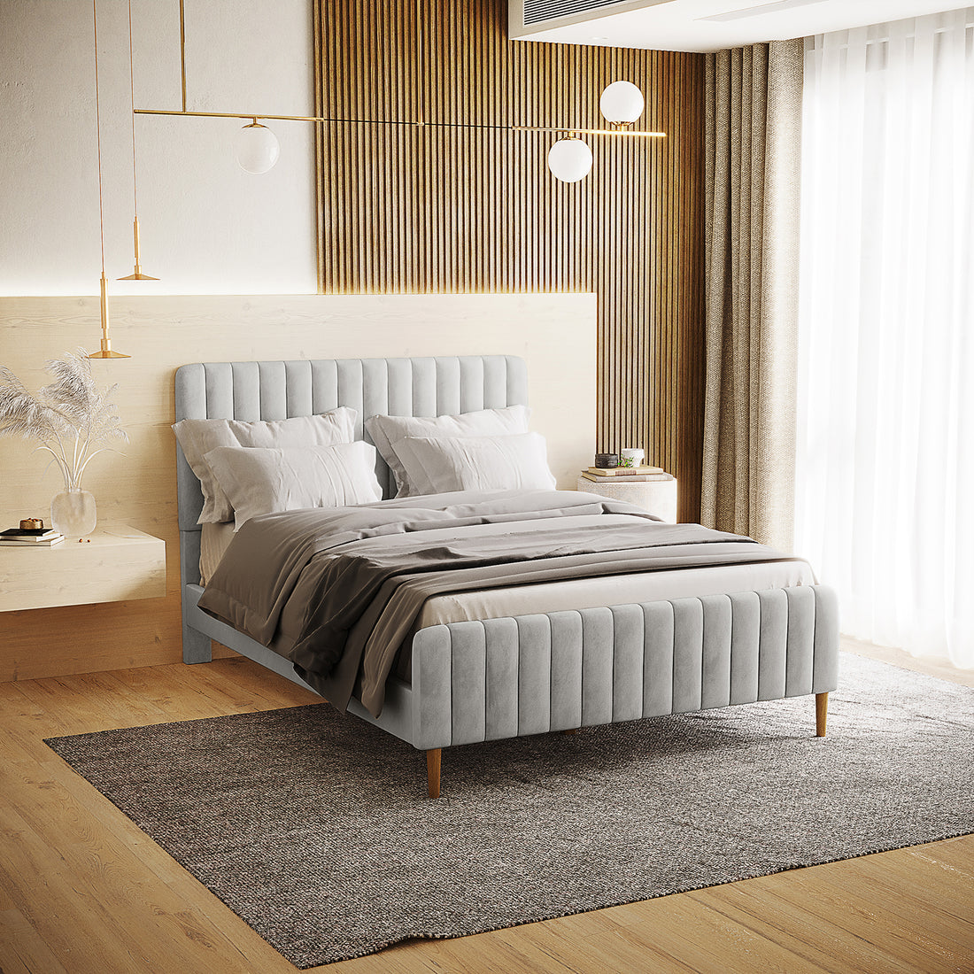 Seneca Double Upholstered Velvet Bed – Slate features pale gray velvet upholstery with vertical stitching, highlighted by a plush headboard and footboard, perfectly situated in a minimalist, contemporary bedroom setting.