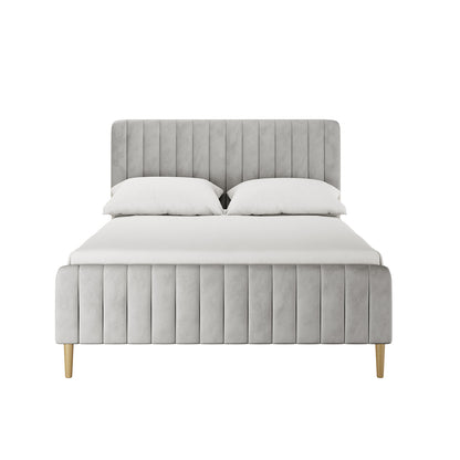 Seneca Double Upholstered Velvet Bed – Slate features a channel-stitched light gray headboard and footboard, white mattress and linens, and simple tapered wooden legs, perfect for modern or minimalist interiors.