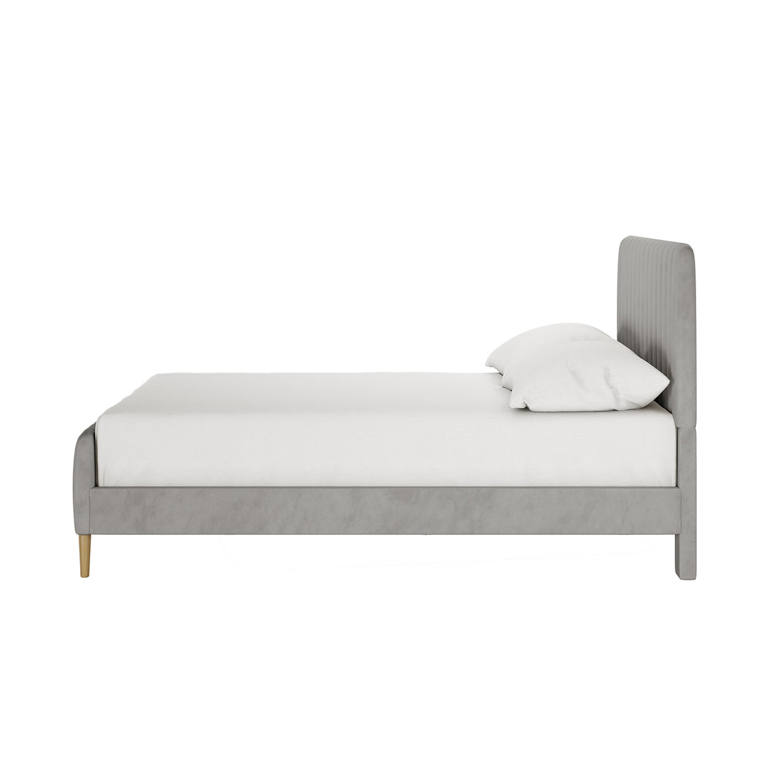 Seneca Double Upholstered Velvet Bed – Slate, featuring a light gray, channel-stitched headboard, low footboard, and tapered wood-tone legs. Dressed in white bedding, showcasing minimalist elegance and robust construction.
