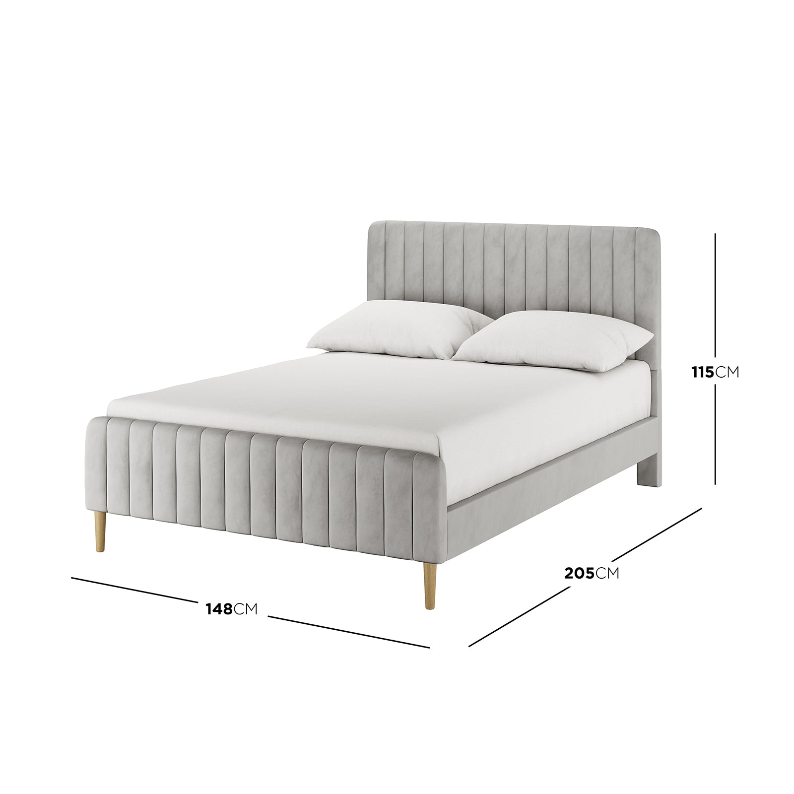 Seneca Double Upholstered Velvet Bed – Slate, featuring a light-grey, vertically channel-stitched headboard and footboard, white mattress with pillows, and slim light-wooden legs. Dimensions: 205x148x115 cm.