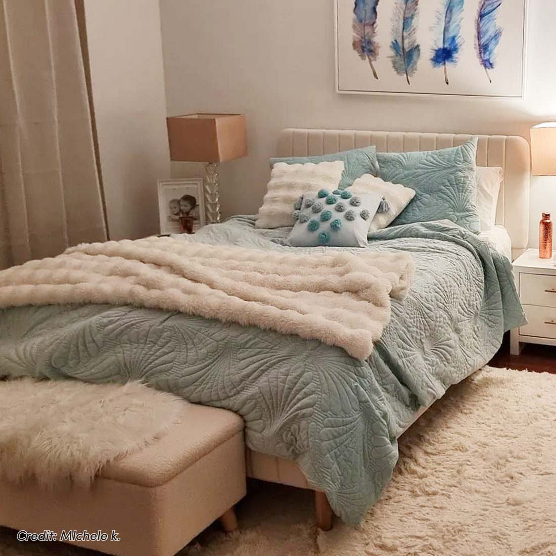 Seneca Double Channel Tufted Velvet Fabric Bed Frame in Sandy White
