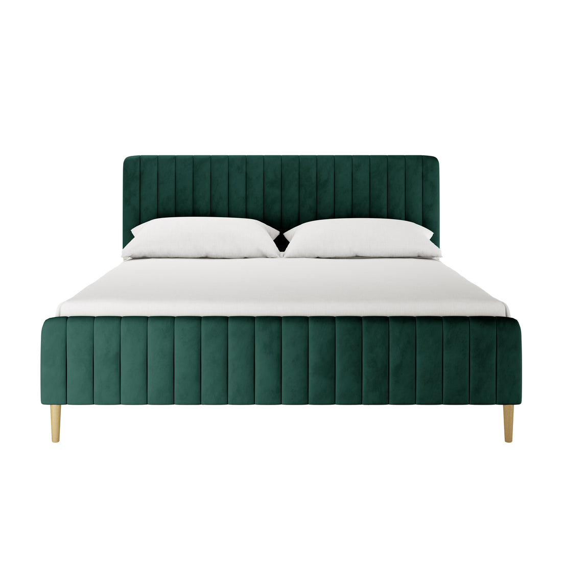 Seneca King Curved Velvet Fabric Bed Frame in Green features a tall, channel-stitched headboard, matching low footboard, and simple wooden legs, all upholstered in luxurious velvet with white bedding.
