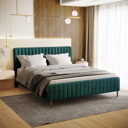 Seneca King Curved Velvet Fabric Bed Frame in Green, featuring a low-profile, channel-tufted headboard with deep teal upholstery, paired with pale linens and light-wood nightstands, creating a luxurious bedroom setting.