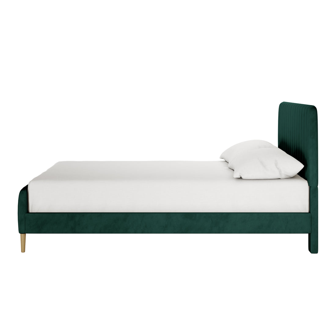 Seneca King Curved Velvet Fabric Bed Frame in Green, featuring a plush, upholstered headboard and frame on short wooden legs, dressed with a plain white mattress cover and pillow.