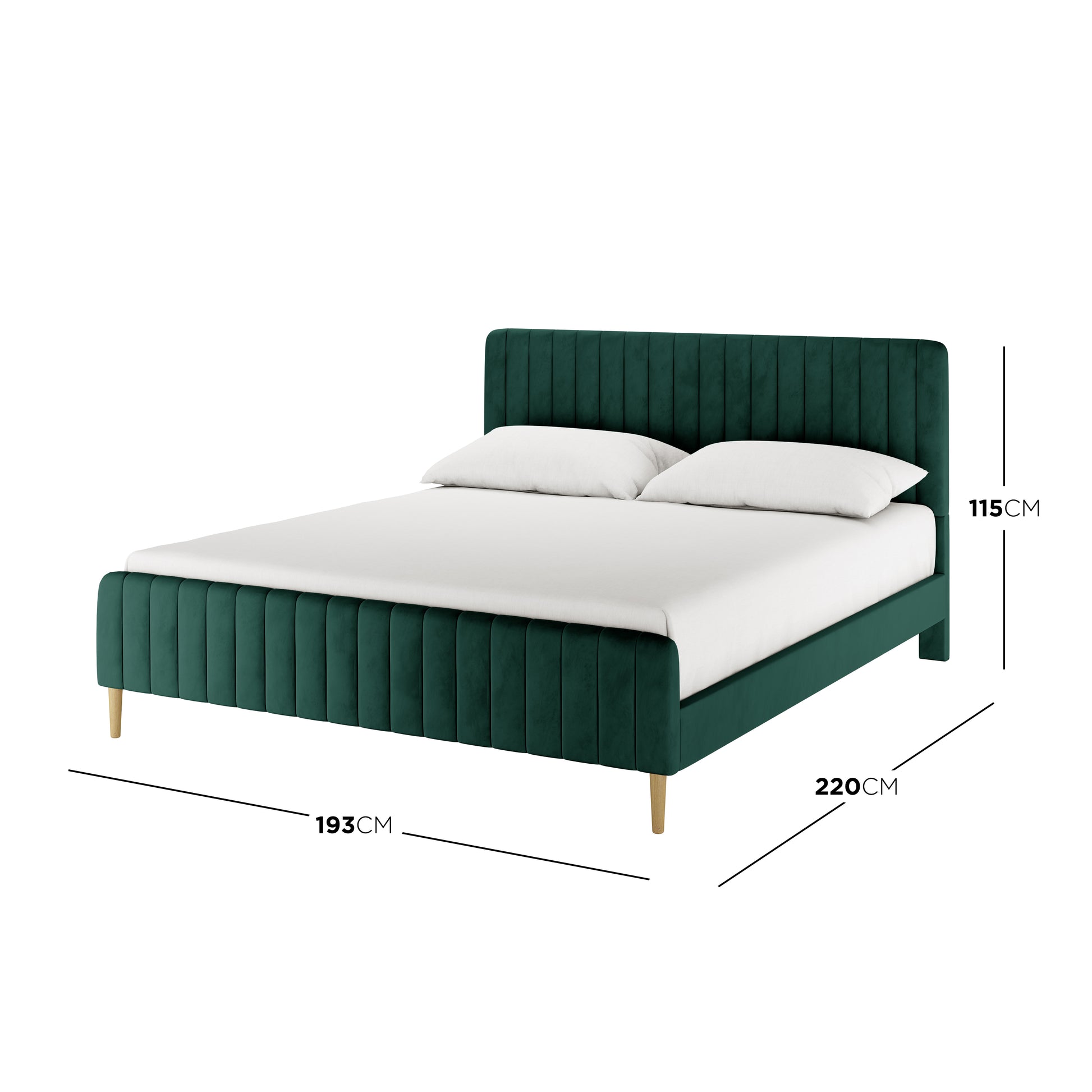 Seneca King Curved Velvet Fabric Bed Frame in Green features a deep forest-green velvet upholstery, vertically channeled headboard, matching low footboard, and light oak tapered wooden legs, creating an elegant bedroom centerpiece.