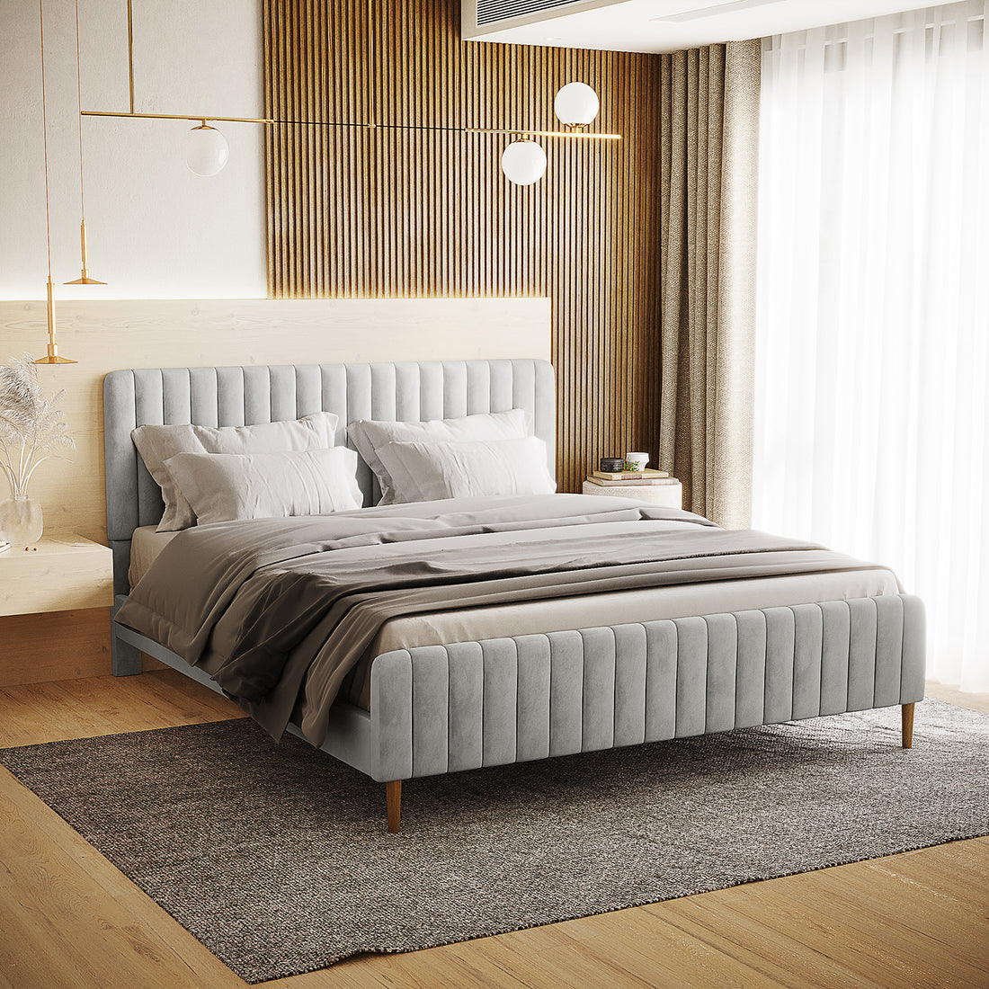 Seneca King Upholstered Velvet Bed – Slate, featuring a soft gray velvet frame with vertical channel tufting on the headboard and footboard, set in a minimalist bedroom with modern decor elements.