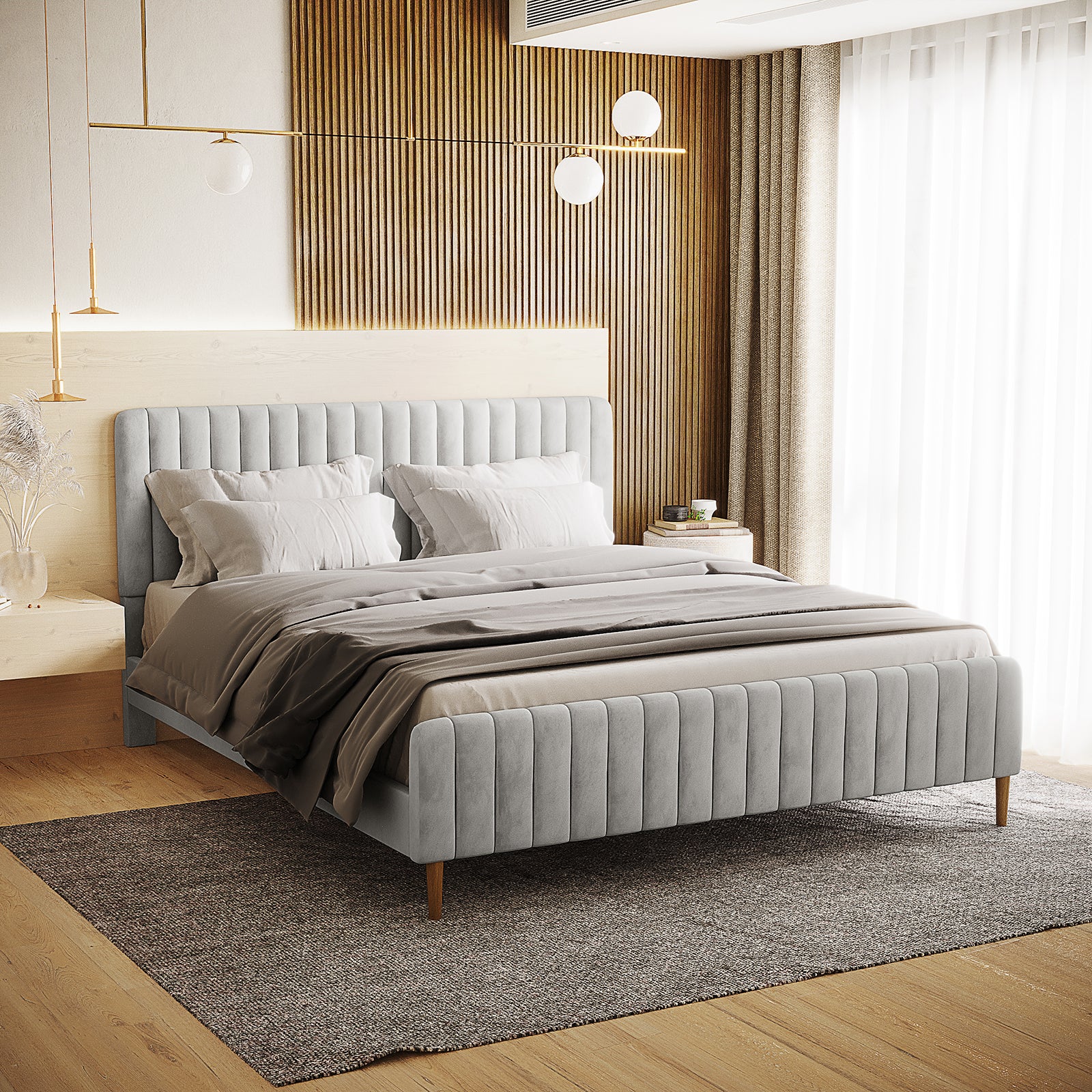Seneca King Upholstered Velvet Bed – Slate, featuring a soft gray velvet frame with vertical channel tufting on the headboard and footboard, set in a minimalist bedroom with modern decor elements.