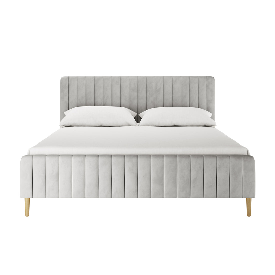 Seneca King Upholstered Velvet Bed in Slate with a tall, channel-stitched headboard, matching footboard, light gray fabric, white bedding, and exposed wooden legs, offering a luxurious and sturdy design.
