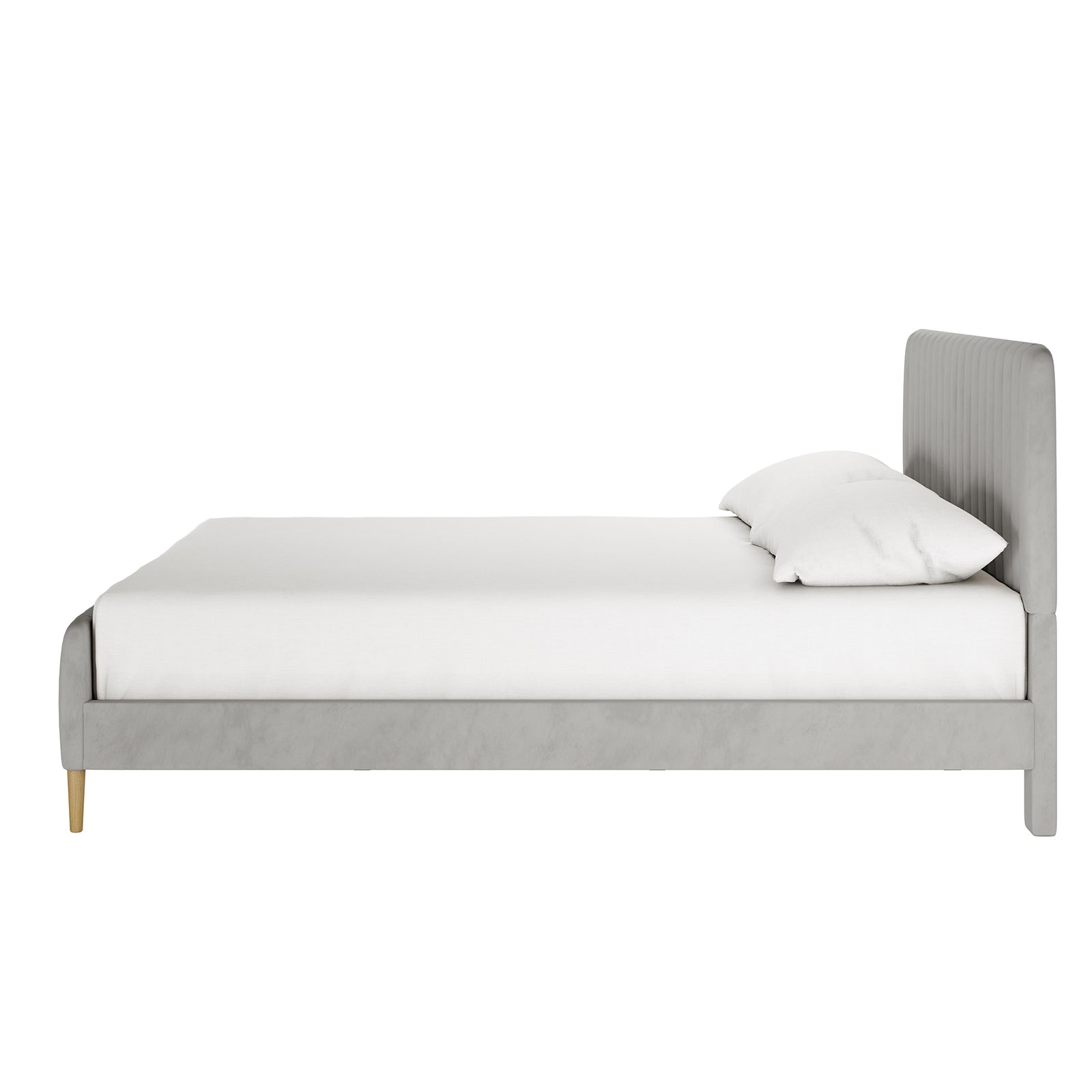 Seneca King Upholstered Velvet Bed – Slate, showcasing a low-profile, light gray upholstered frame and headboard with vertical stitching, white mattress, and pillow, on short wooden legs.