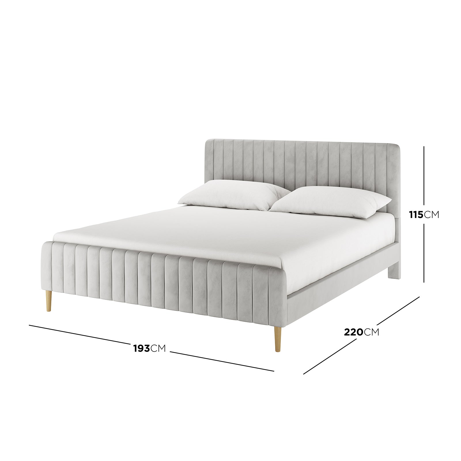 Seneca King Upholstered Velvet Bed – Slate, queen-size with light grey vertically channel-tufted headboard, footboard, and four tapered wooden legs. Dimensions: 220cm depth, 193cm width, 115cm height.