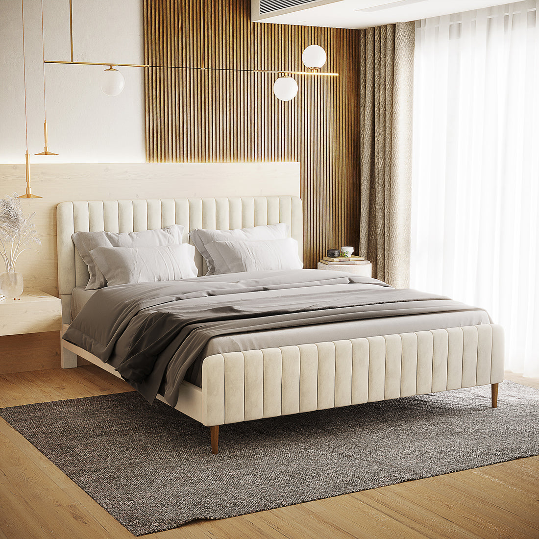 Seneca King Upholstered Velvet Bed – Sandy White with a vertically-channel-tufted headboard, cream velvet finish, floating nightstand, and minimalist pendant light, exuding a modern Scandinavian aesthetic.