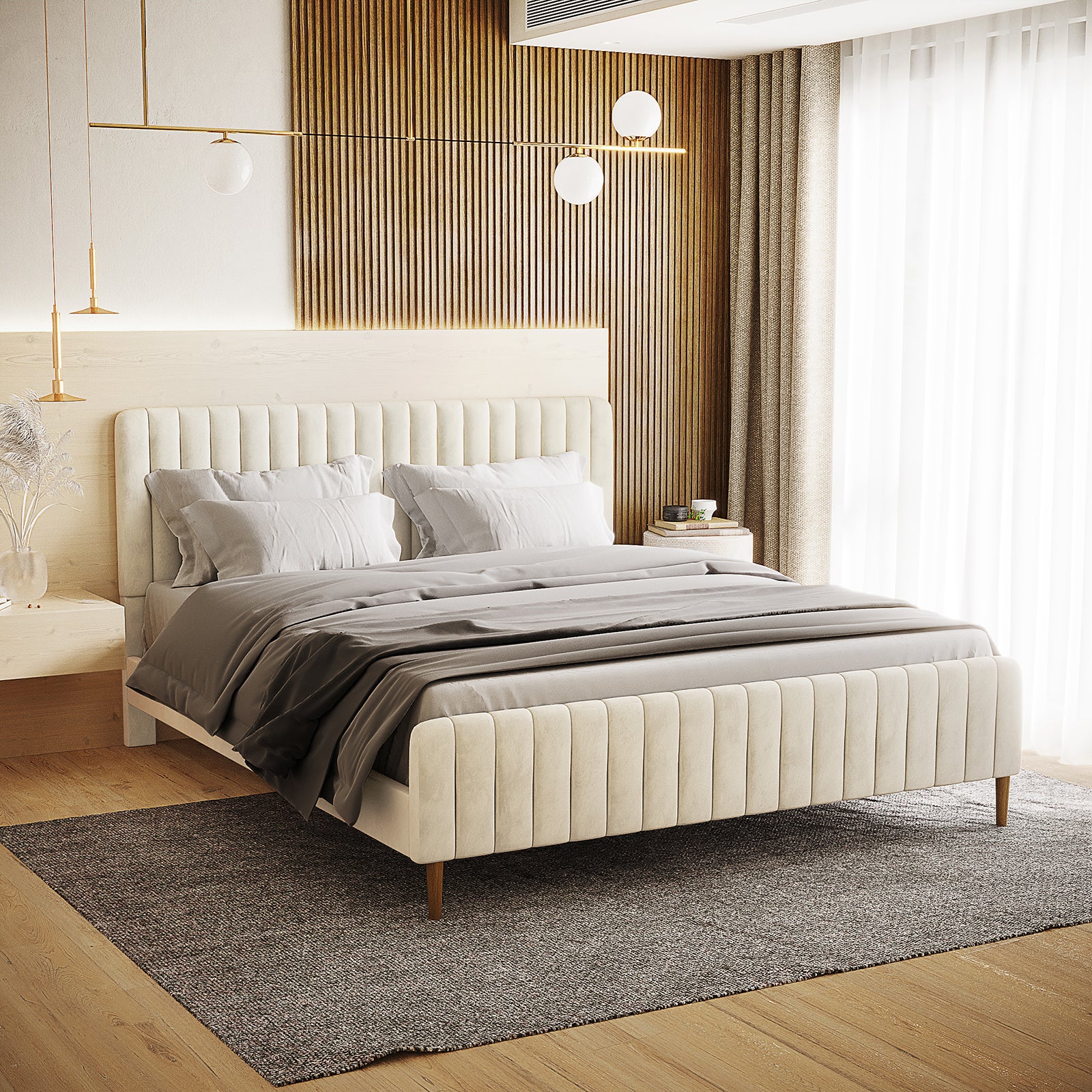 Seneca King Upholstered Velvet Bed – Sandy White with a vertically-channel-tufted headboard, cream velvet finish, floating nightstand, and minimalist pendant light, exuding a modern Scandinavian aesthetic.