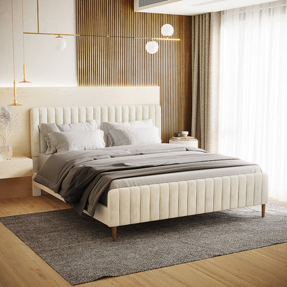 Seneca King Upholstered Velvet Bed – Sandy White with a vertically-channel-tufted headboard, cream velvet finish, floating nightstand, and minimalist pendant light, exuding a modern Scandinavian aesthetic.