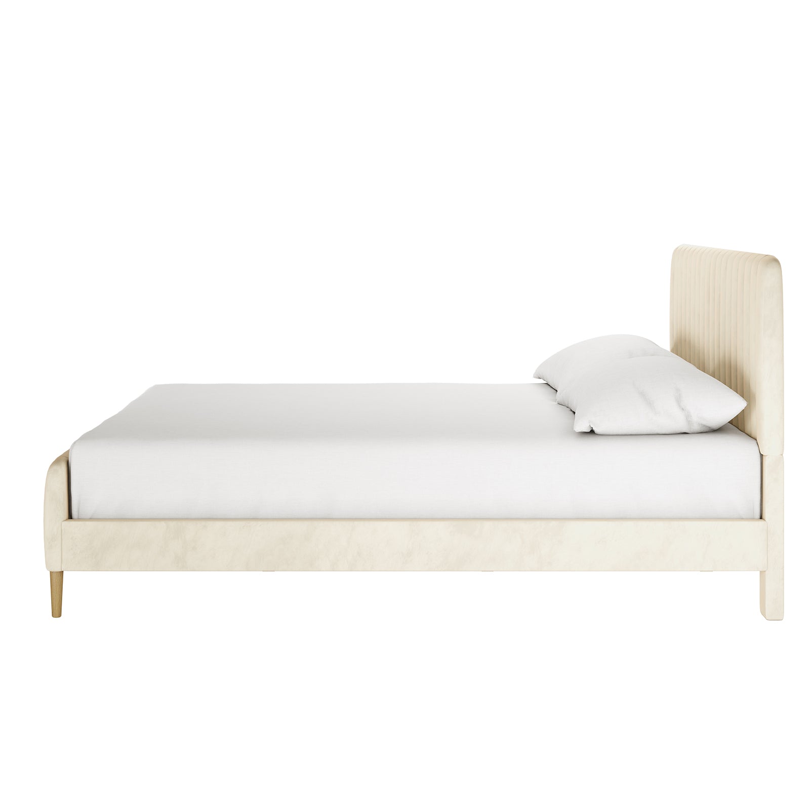 Seneca King Upholstered Velvet Bed – Sandy White, showcasing a low-profile beige frame, matching headboard, white mattress, single pillow, and tapered wooden legs, in a sleek, modern side view.