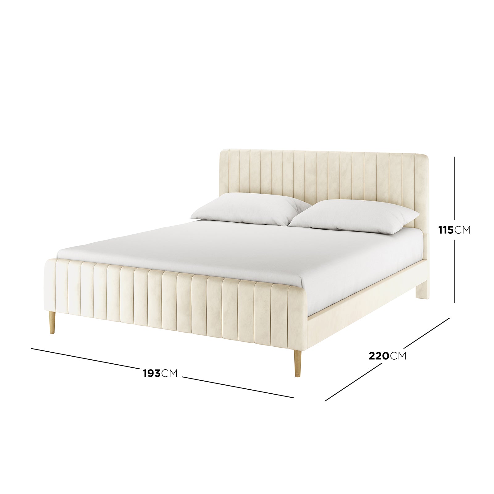 Seneca King Upholstered Velvet Bed – Sandy White features a vertically-channeled headboard, matching footboard, slim tapered wooden legs, and plush velvet upholstery, offering a sophisticated centerpiece for any bedroom.