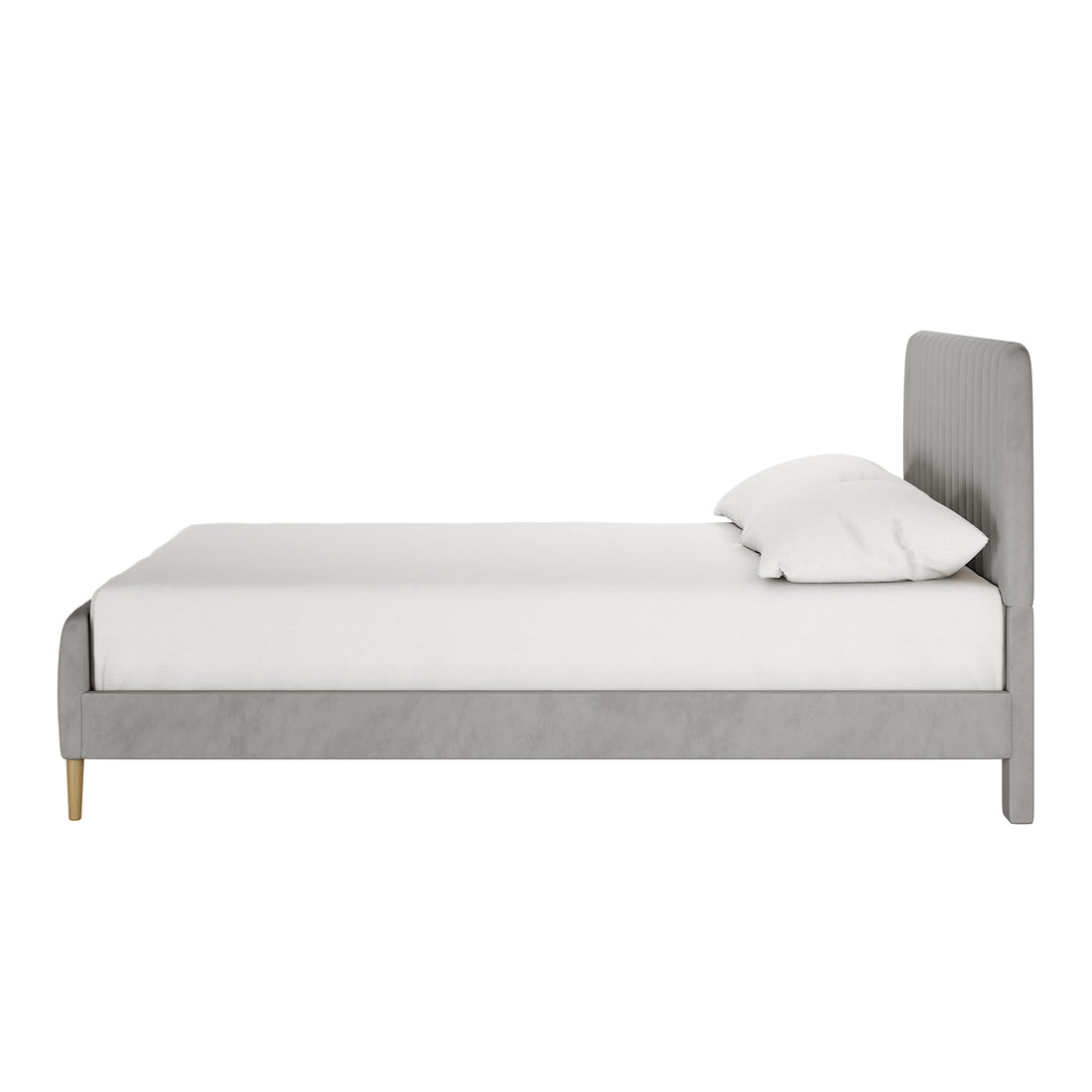 Seneca Queen Upholstered Velvet Bed – Slate: Side-view of a modern platform bed with a low grey upholstered frame, short wooden legs, and a tall, channel-tufted headboard, featuring a white mattress and pillow.